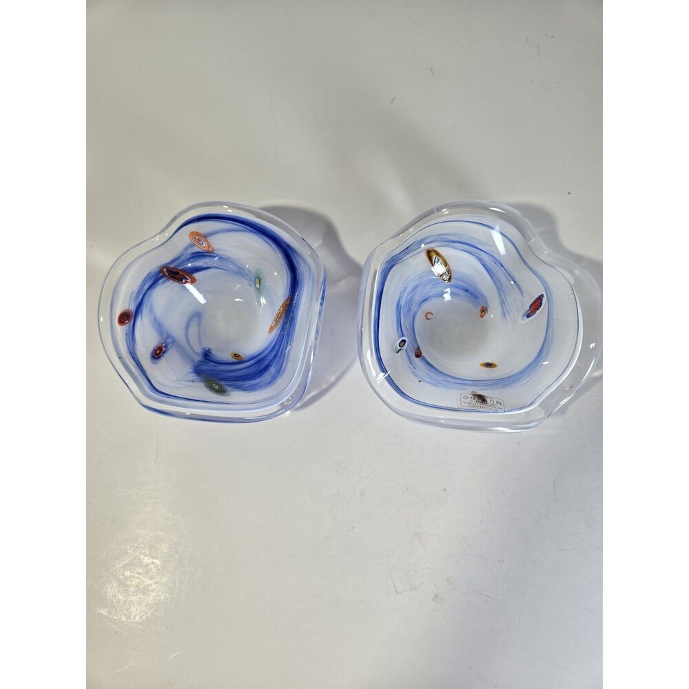 Pair Italian Murano Style Art Glass Bowls Murrine Blue Swirl Made Italy *EUC